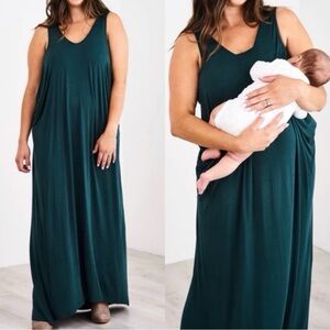 Latched Mama Cocoon Maxi Dress Nursing Breastfeeding Forest Green Small